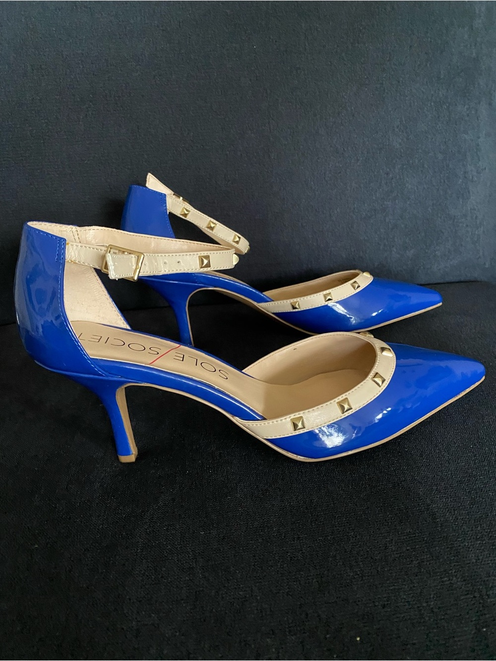 Sole Society Electric Blue Patent Pointed-Toe Studded Ankle-Strap Heels